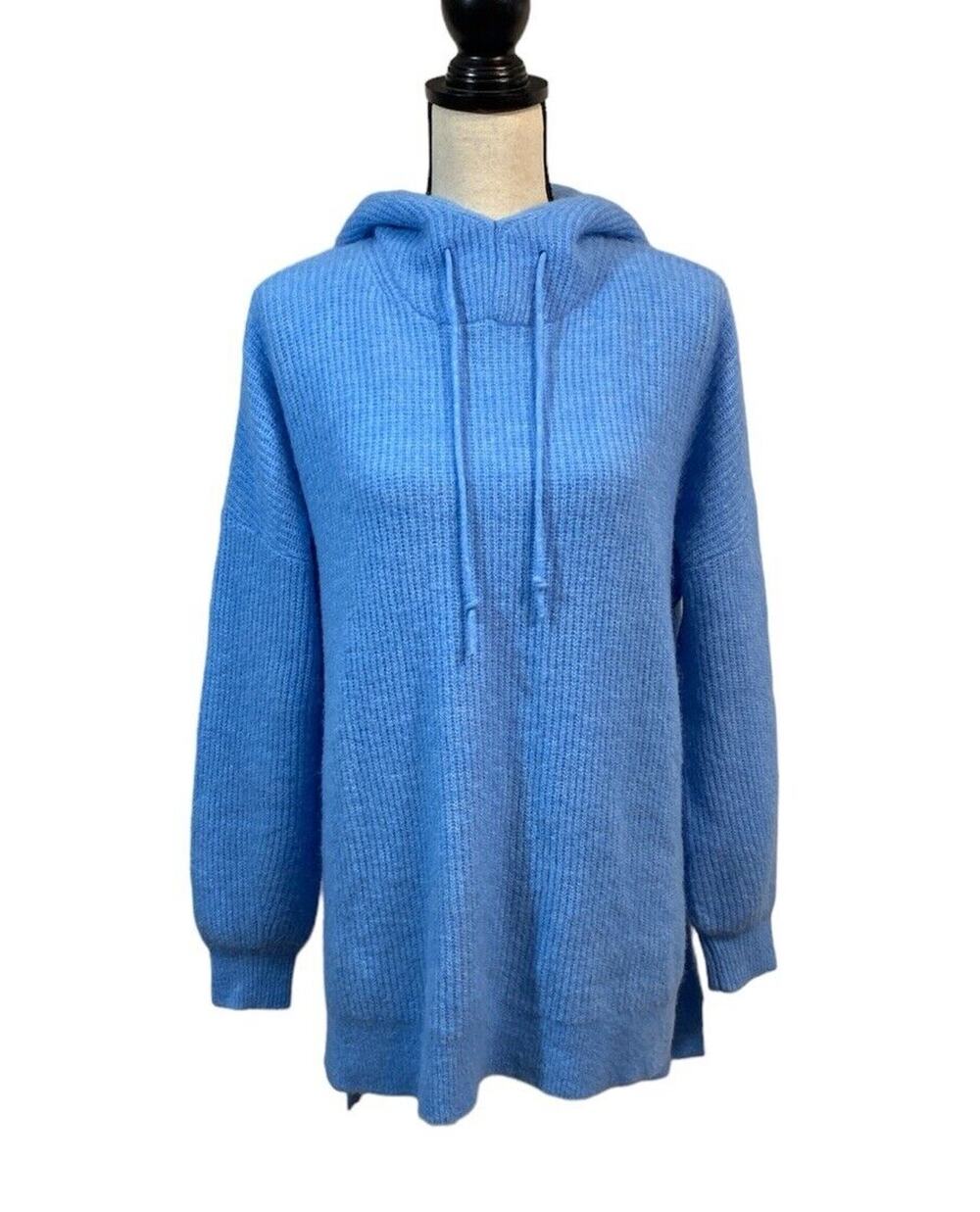 Ganni Callahan Alpaca and Wool Ribbed Knit Hooded Blue Pullover Sweater
